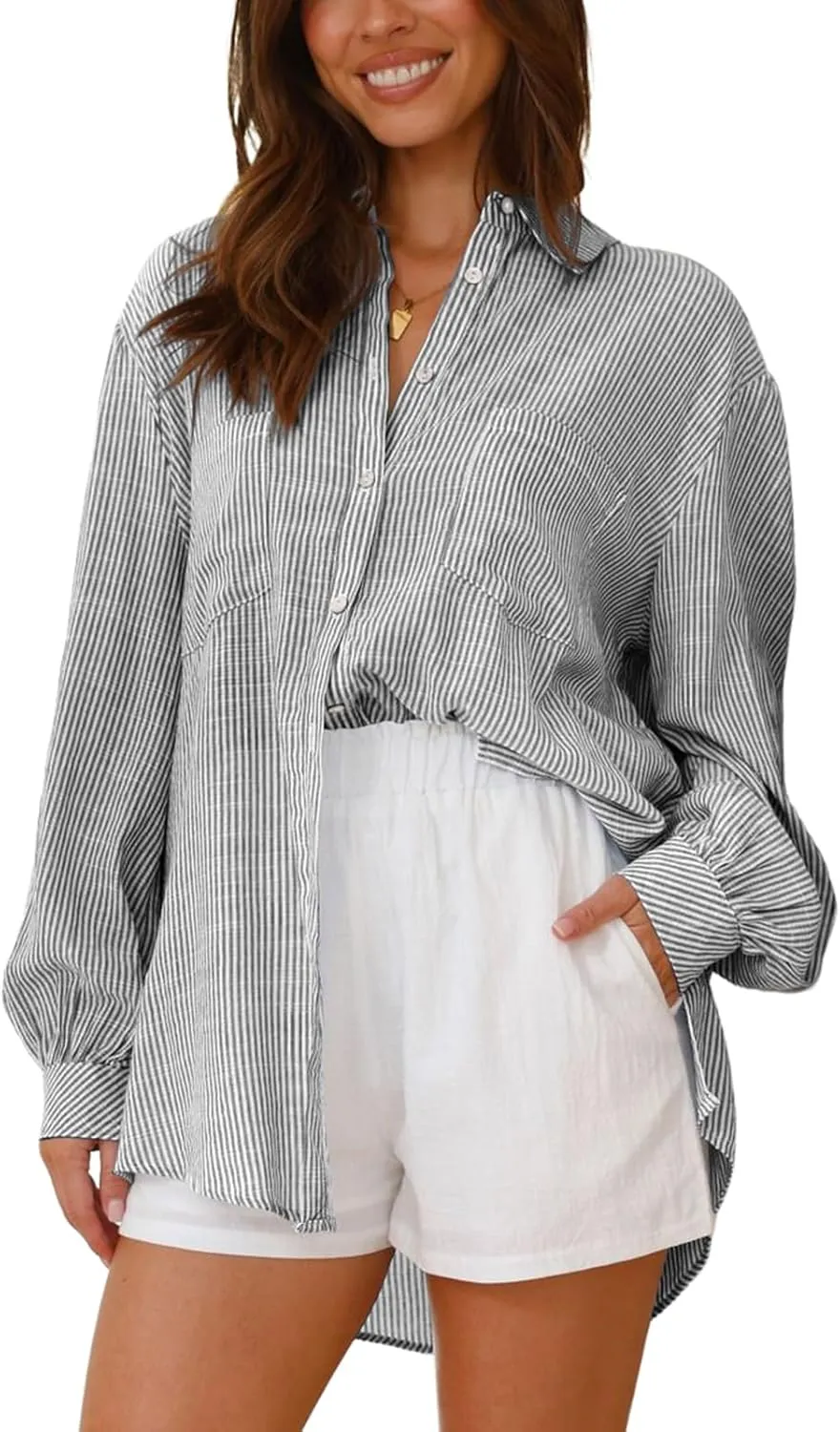 Neweek Womens Button Down Boyfriend Striped Shirts Long Sleeve Cotton Work Office Loose Blouses Tops with Pocket 2025