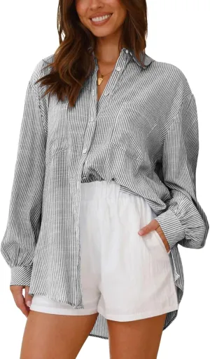 Neweek Womens Button Down Boyfriend Striped Shirts Long Sleeve Cotton Work Office Loose Blouses Tops with Pocket 2025