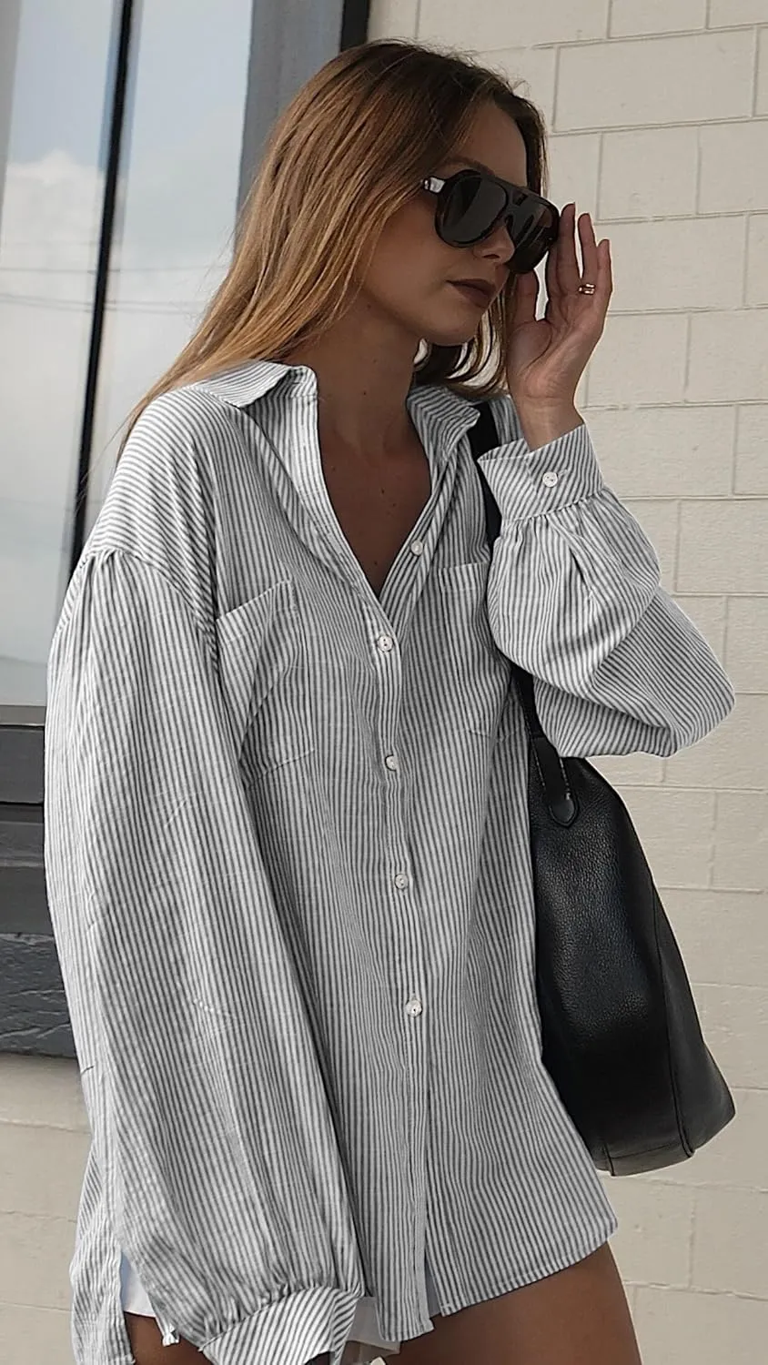 Neweek Womens Button Down Boyfriend Striped Shirts Long Sleeve Cotton Work Office Loose Blouses Tops with Pocket 2025