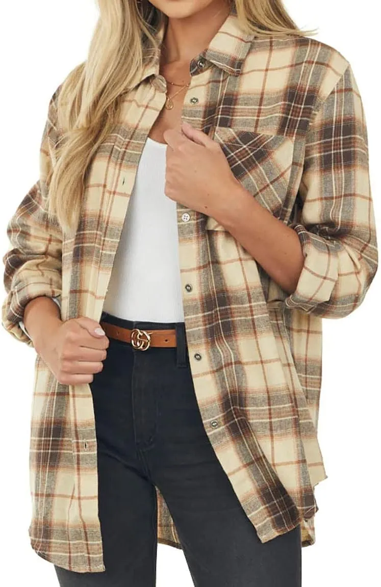 NUOREEL Womens Plaid Shirts Button Down Flannel Shirts Boyfriend Long Sleeve Shirts