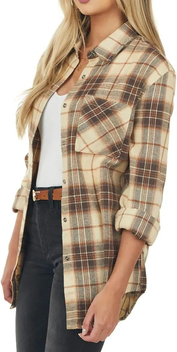 NUOREEL Womens Plaid Shirts Button Down Flannel Shirts Boyfriend Long Sleeve Shirts