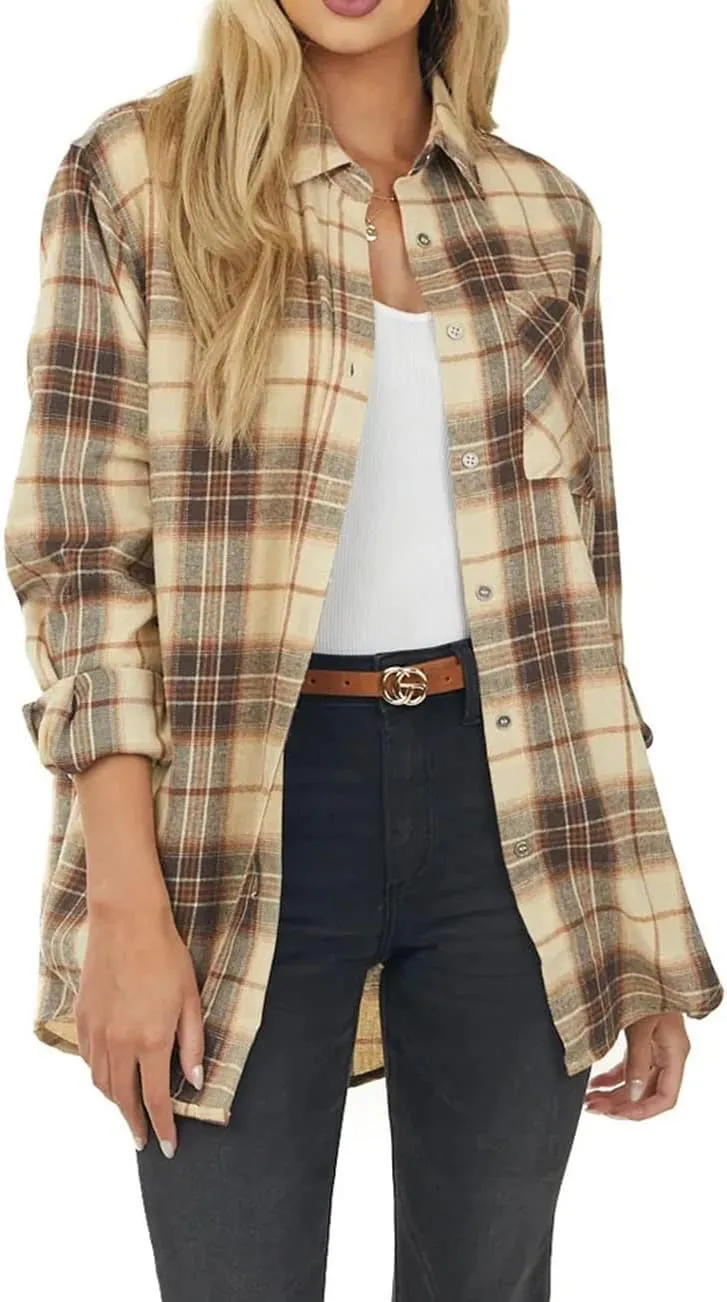NUOREEL Womens Plaid Shirts Button Down Flannel Shirts Boyfriend Long Sleeve Shirts