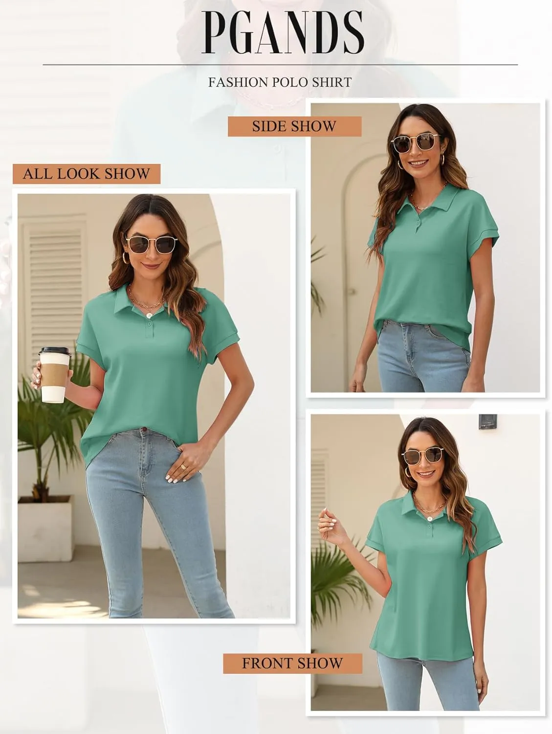 PGANDS Women's Short Sleeve Polo Shirts Collared V Neck Button Summer Casual Top