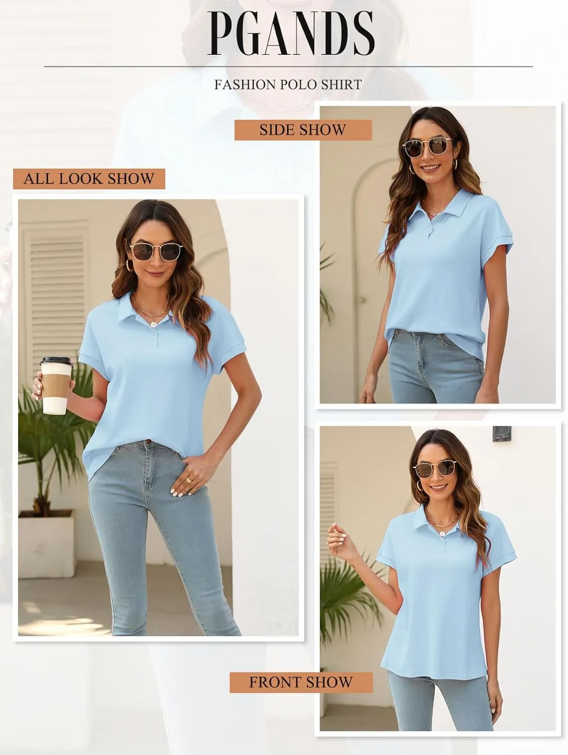 PGANDS Women's Short Sleeve Polo Shirts Collared V Neck Button Summer Casual Top