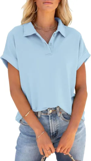 PGANDS Women's Short Sleeve Polo Shirts Collared V Neck Button Summer Casual Top