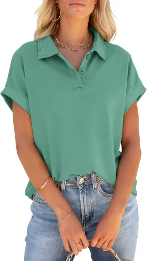 PGANDS Women's Short Sleeve Polo Shirts Collared V Neck Button Summer Casual Top