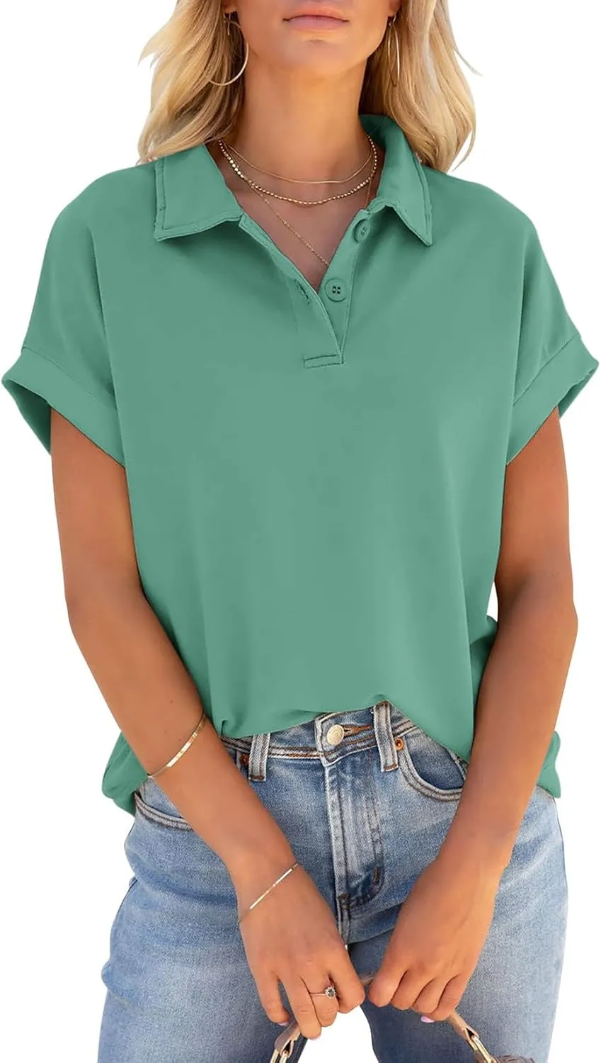 PGANDS Women's Short Sleeve Polo Shirts Collared V Neck Button Summer Casual Top