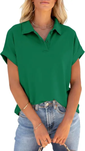 PGANDS Women's Short Sleeve Polo Shirts Collared V Neck Button Summer Casual Top
