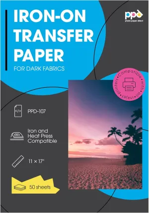PPD Iron on Transfer Paper for Dark Fabric Compatible with Inkjet Printer, 11 x 17 Printable T Shirt Heat Transfer Papers, Custom Print Photo, Durable, Flexible & Machine Washable (50 Sheets)