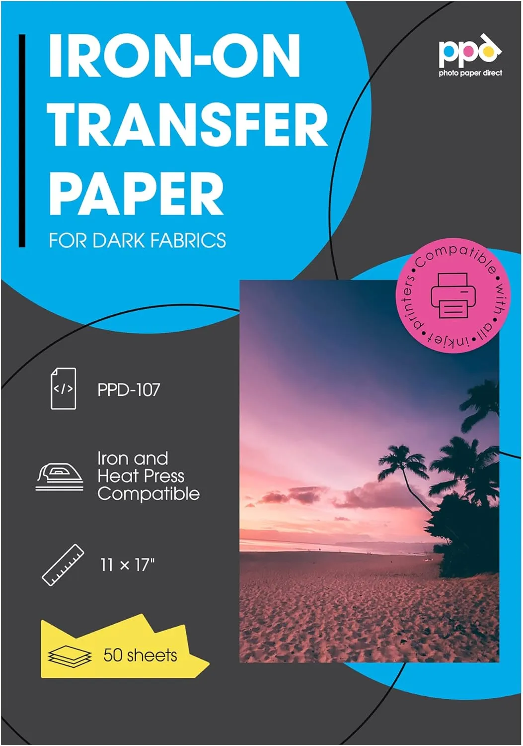 PPD Iron on Transfer Paper for Dark Fabric Compatible with Inkjet Printer, 11 x 17 Printable T Shirt Heat Transfer Papers, Custom Print Photo, Durable, Flexible & Machine Washable (50 Sheets)