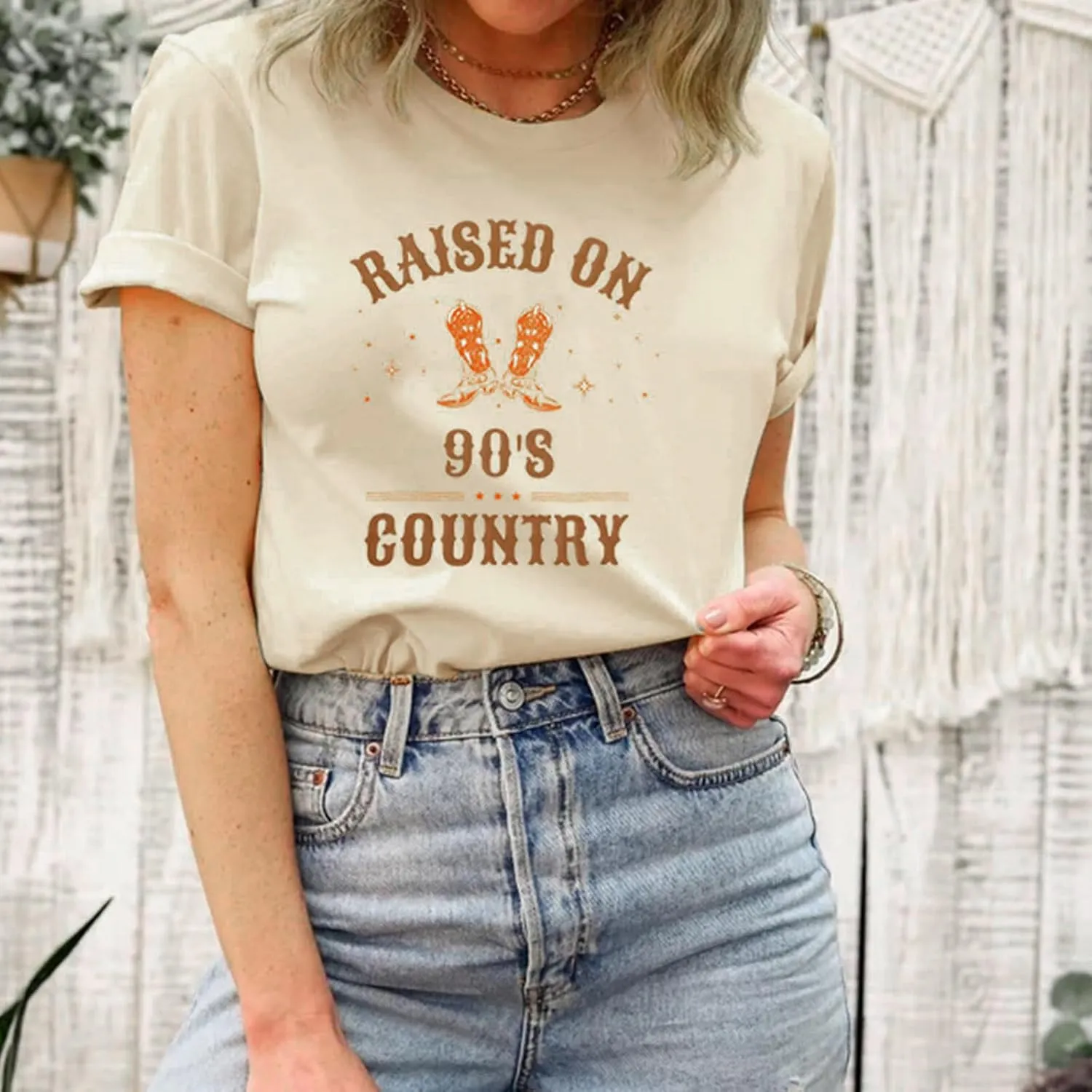 Raised On 90s Country Shirt Vintage Cowgirl Tees Concert Outfits Casual Music Oversized Graphic Summer T Shirts Tops