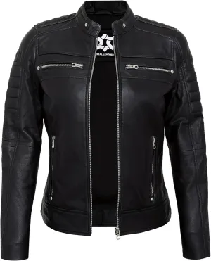 Real Lambskin Trendy Womens Leather Jackets Moto Biker Style Zip Up Motorcycle Jacket Women Outerwear With Pockets