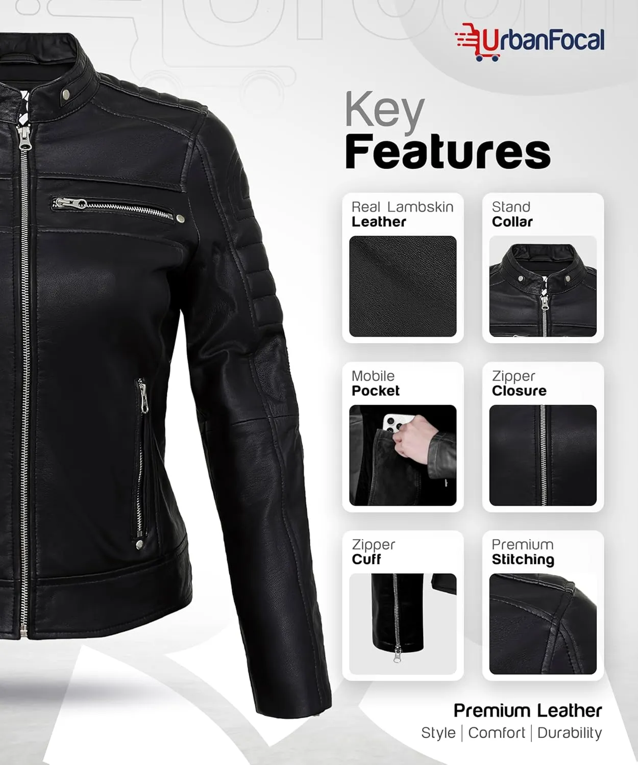 Real Lambskin Trendy Womens Leather Jackets Moto Biker Style Zip Up Motorcycle Jacket Women Outerwear With Pockets