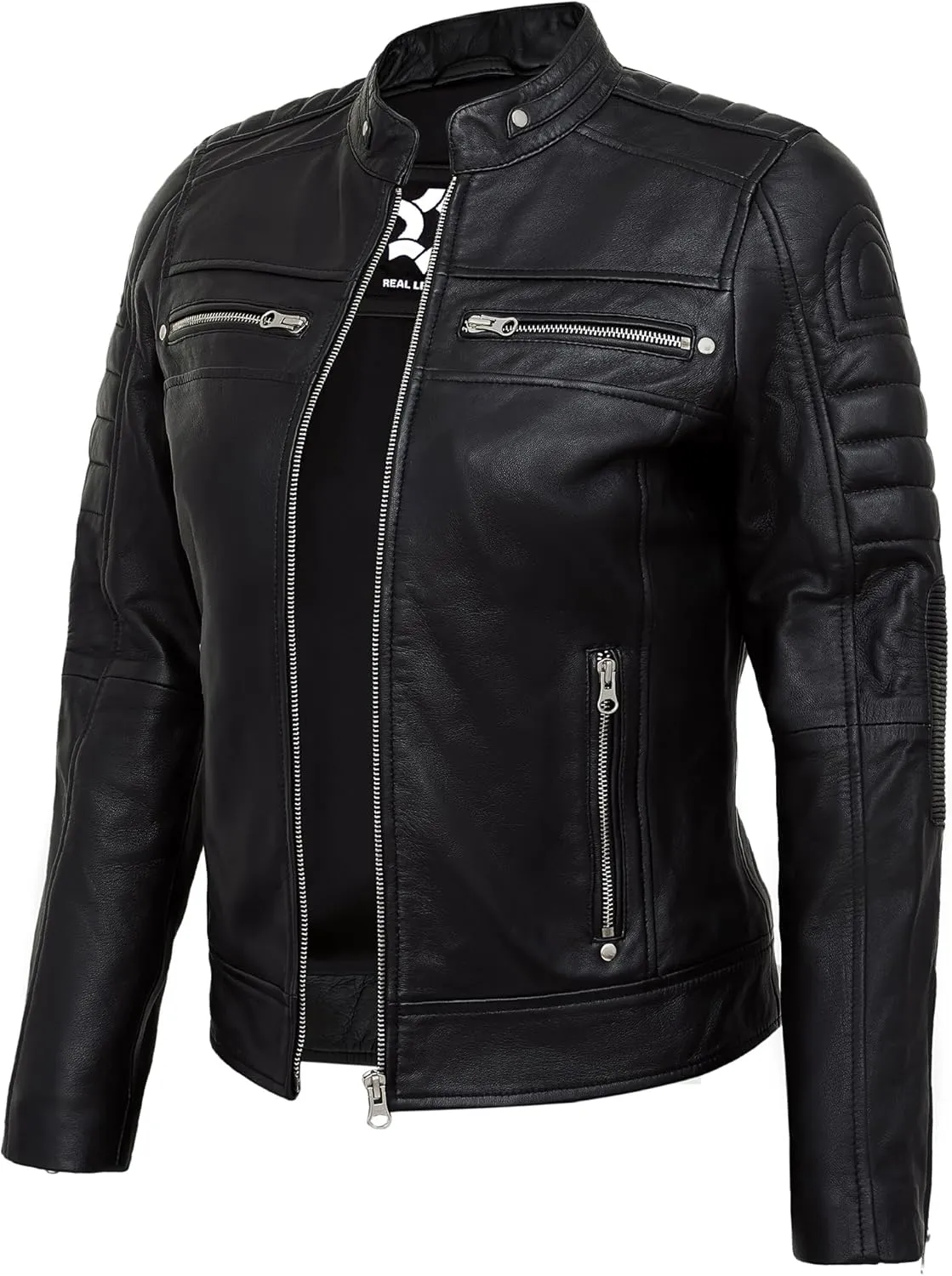 Real Lambskin Trendy Womens Leather Jackets Moto Biker Style Zip Up Motorcycle Jacket Women Outerwear With Pockets