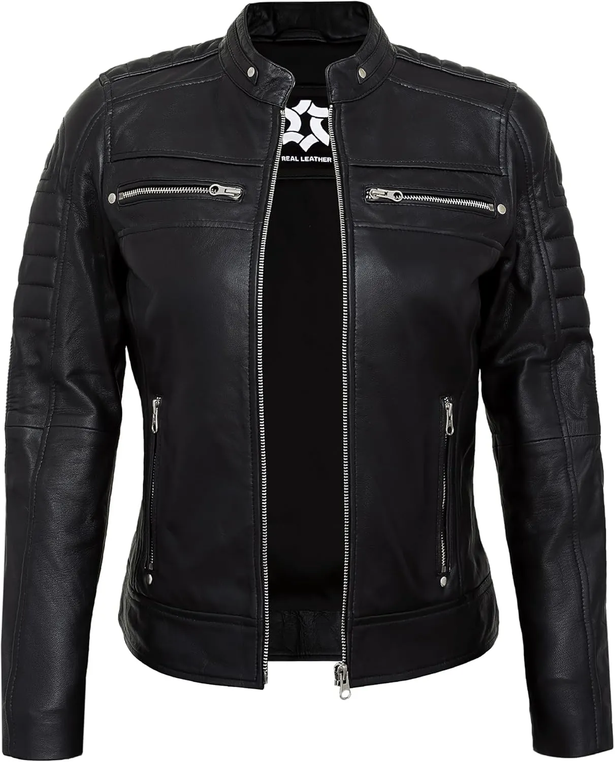 Real Lambskin Trendy Womens Leather Jackets Moto Biker Style Zip Up Motorcycle Jacket Women Outerwear With Pockets