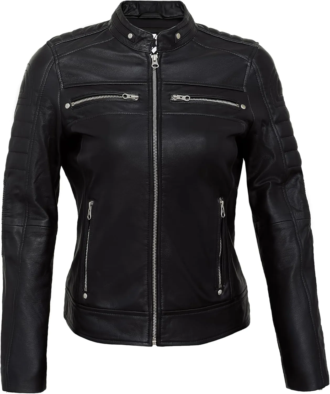 Real Lambskin Trendy Womens Leather Jackets Moto Biker Style Zip Up Motorcycle Jacket Women Outerwear With Pockets