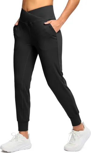 SANTINY Women's Joggers with Pockets Crossover Waist Yoga Pants Loose Athletic Leggings for Workout, Running, Lounge
