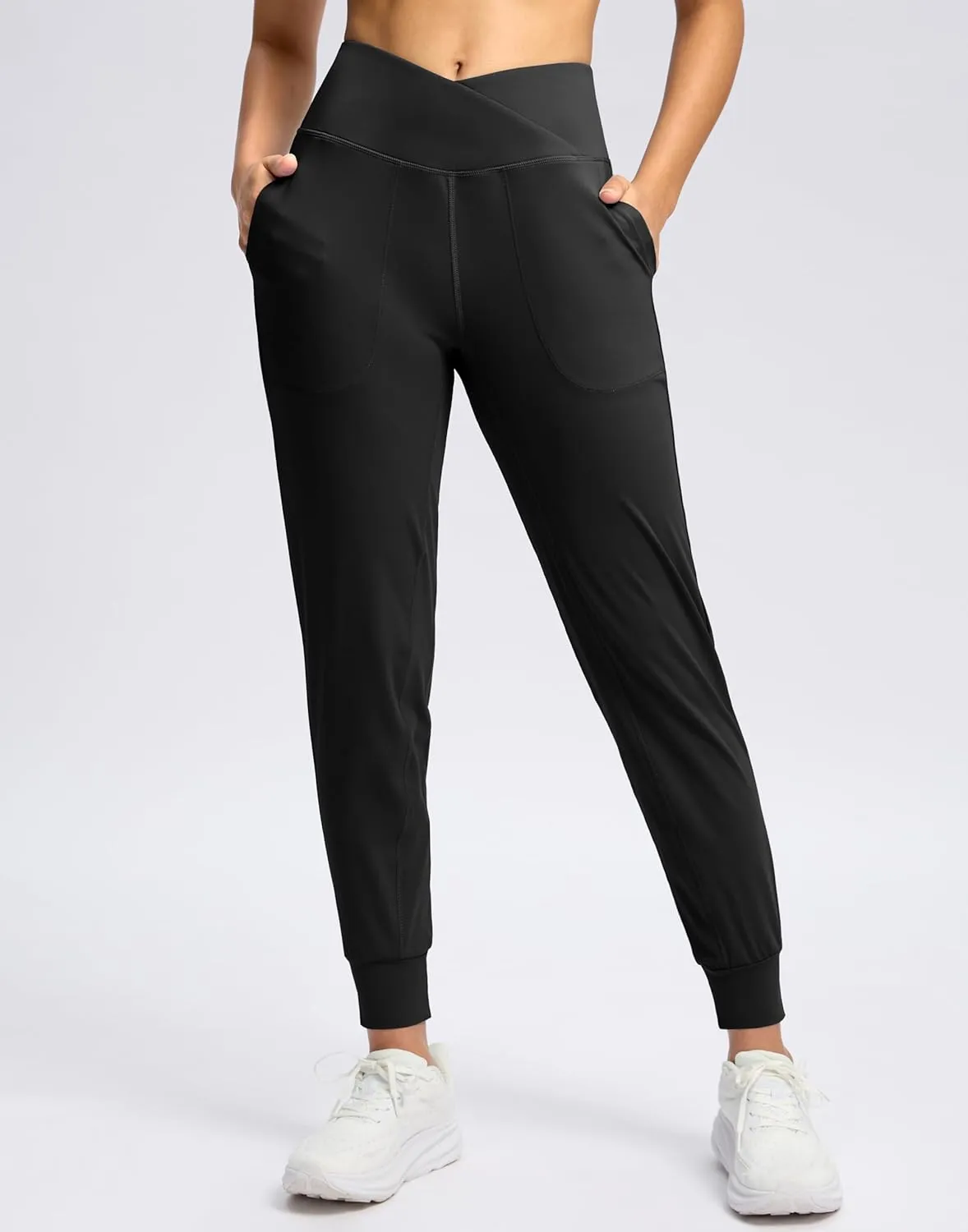 SANTINY Women's Joggers with Pockets Crossover Waist Yoga Pants Loose Athletic Leggings for Workout, Running, Lounge