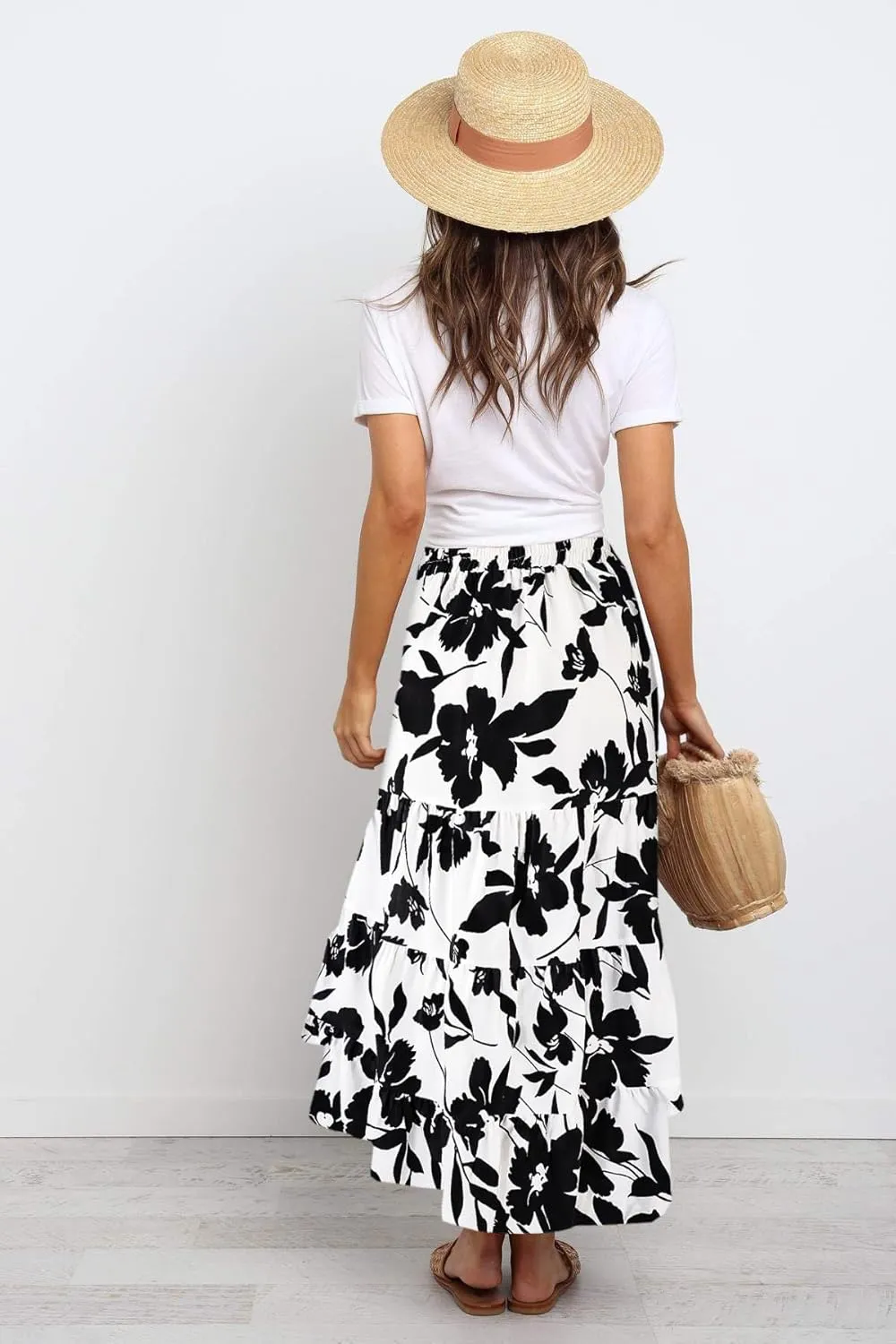 SimpleFun Women's Long Skirts Boho Floral Elastic High Waist Asymmetrical Hem Midi Skirt