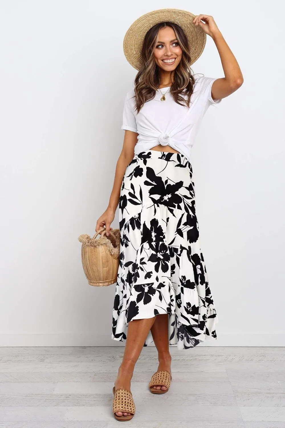 SimpleFun Women's Long Skirts Boho Floral Elastic High Waist Asymmetrical Hem Midi Skirt