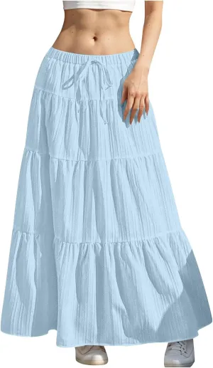 Summer Beach Skirts for Women Lightweight Comfy Elastic Waist Drawstring Pleated Flowy A Line Maxi Skirt
