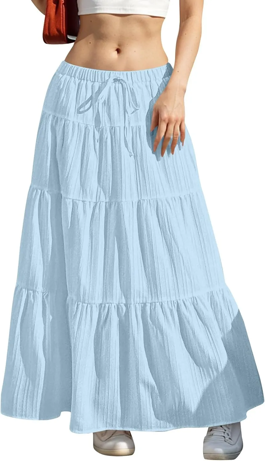 Summer Beach Skirts for Women Lightweight Comfy Elastic Waist Drawstring Pleated Flowy A Line Maxi Skirt