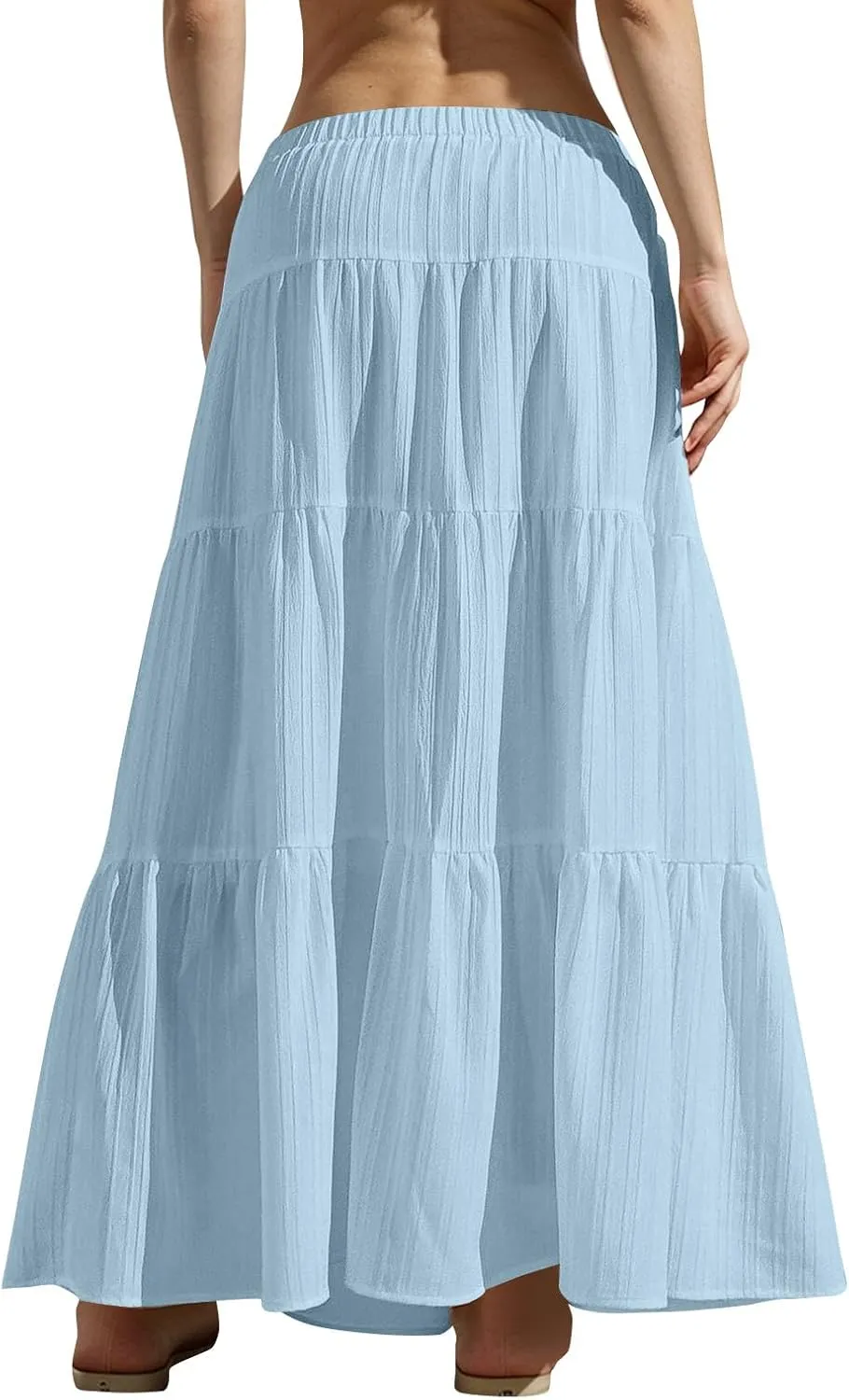 Summer Beach Skirts for Women Lightweight Comfy Elastic Waist Drawstring Pleated Flowy A Line Maxi Skirt