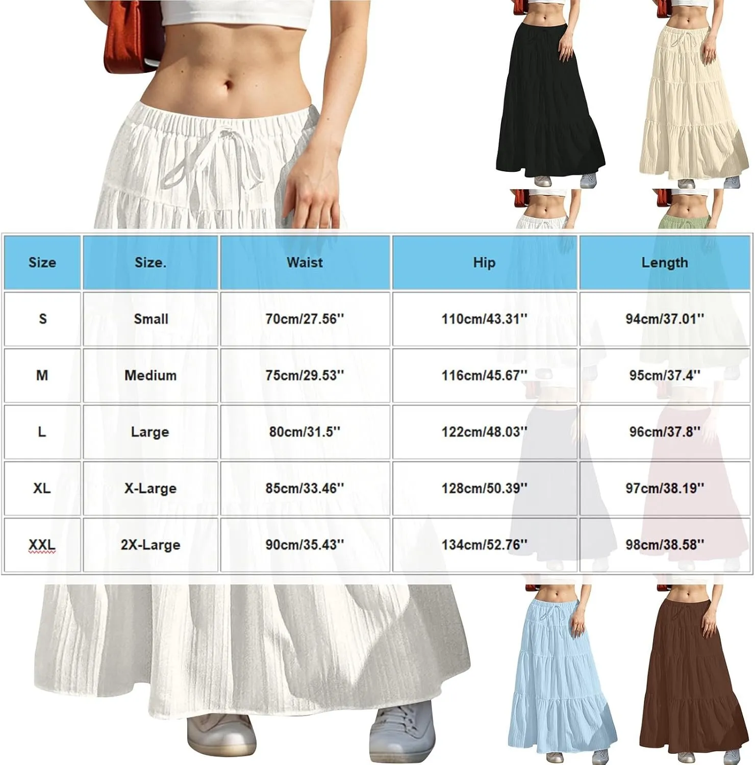 Summer Beach Skirts for Women Lightweight Comfy Elastic Waist Drawstring Pleated Flowy A Line Maxi Skirt