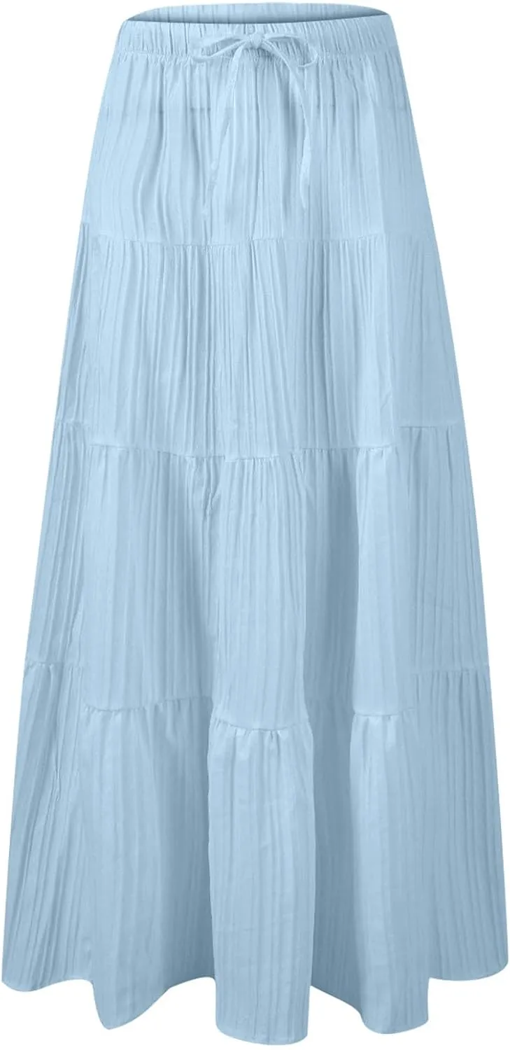 Summer Beach Skirts for Women Lightweight Comfy Elastic Waist Drawstring Pleated Flowy A Line Maxi Skirt