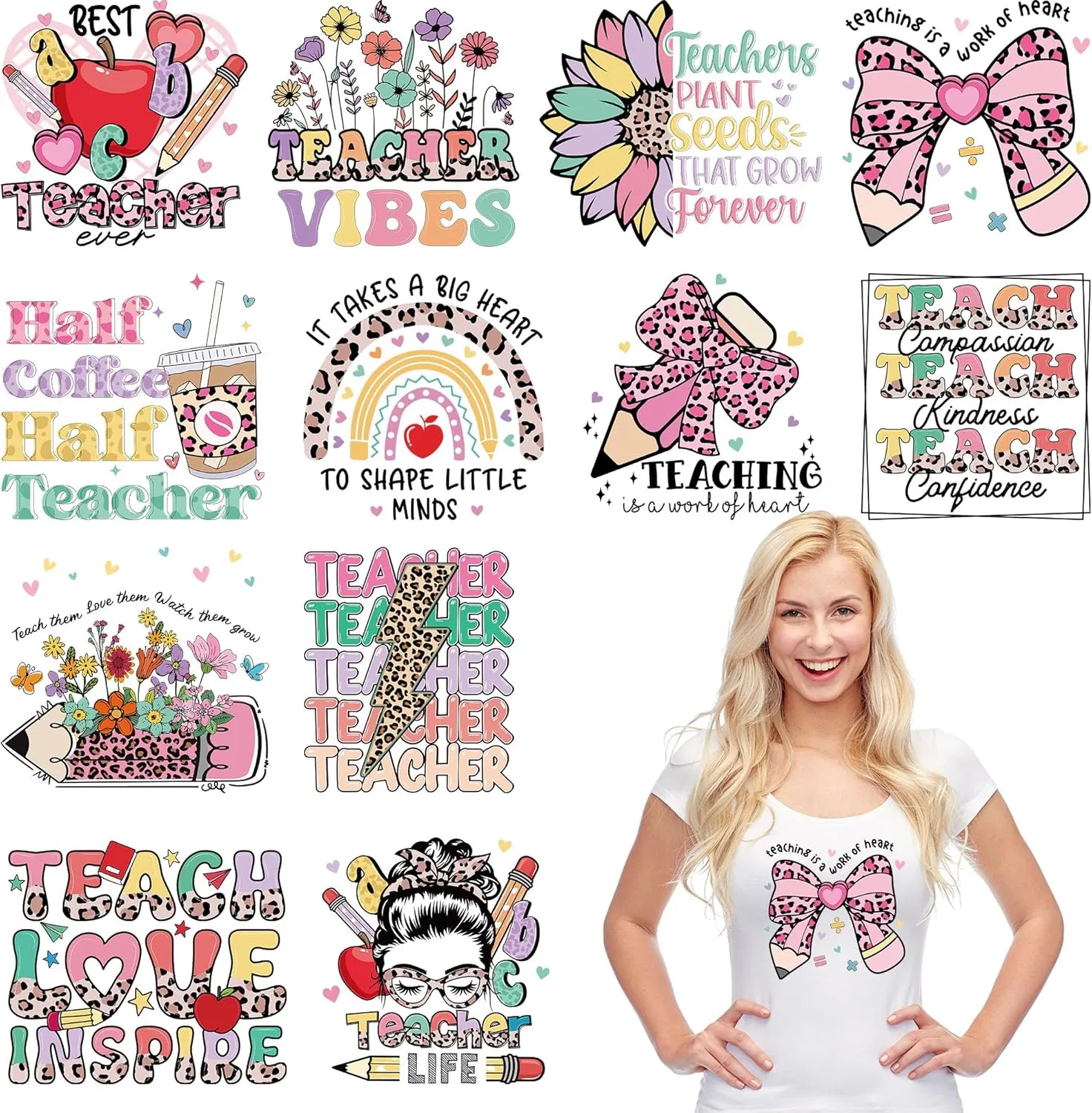 Teacher Iron on Transfers for T-Shirts, 12 Pcs Appreciate Teacher DTF Transfers Ready to Press, School Iron on Patch Decals, Leopard Heat Vinyl for Bag Clothing DIY Craft