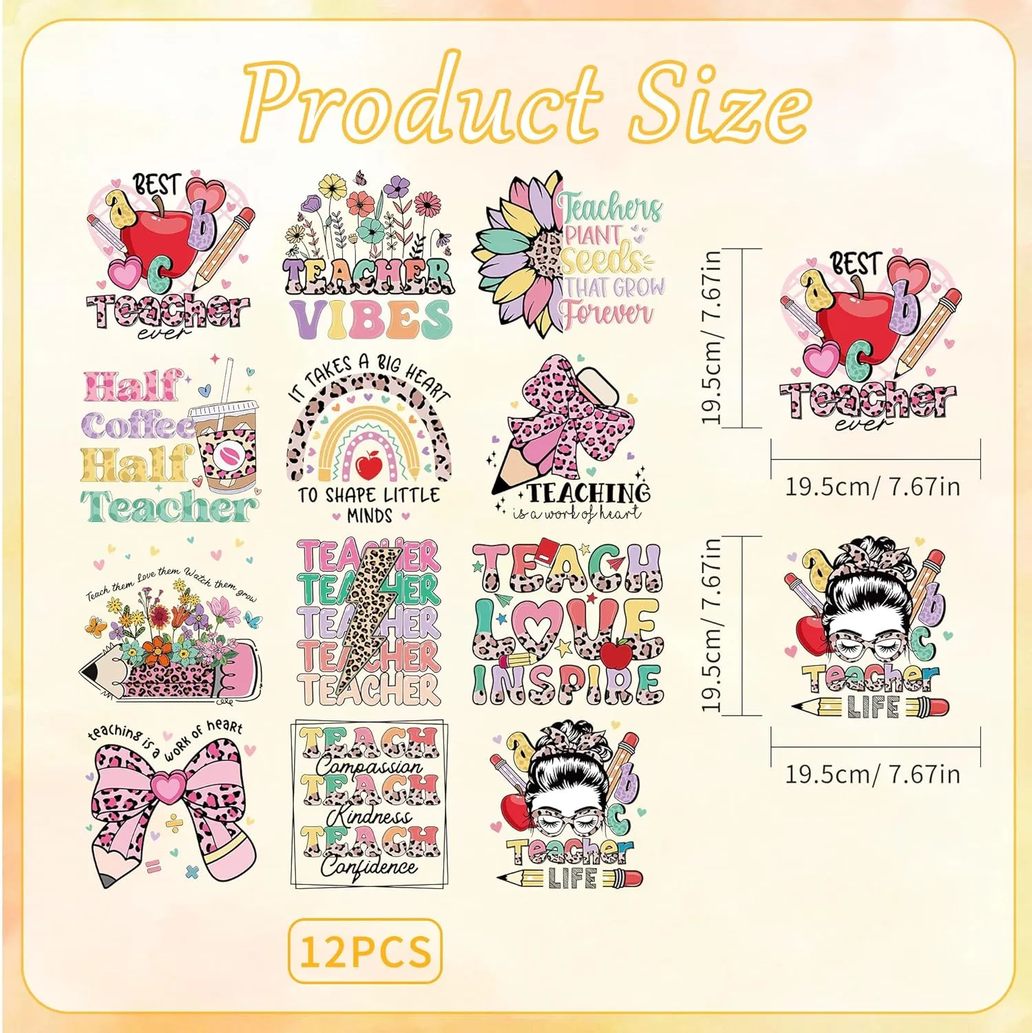 Teacher Iron on Transfers for T-Shirts, 12 Pcs Appreciate Teacher DTF Transfers Ready to Press, School Iron on Patch Decals, Leopard Heat Vinyl for Bag Clothing DIY Craft