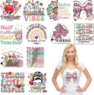 Teacher Iron on Transfers for T-Shirts, 12 Pcs Appreciate Teacher DTF Transfers Ready to Press, School Iron on Patch Decals, Leopard Heat Vinyl for Bag Clothing DIY Craft