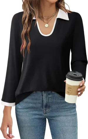 Vivilli Women's 3/4 Sleeve Polo Shirts Colour Block Blouse 2024 Fall Business Casual Tops