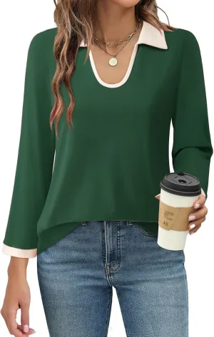 Vivilli Women's 3/4 Sleeve Polo Shirts Colour Block Blouse 2024 Fall Business Casual Tops