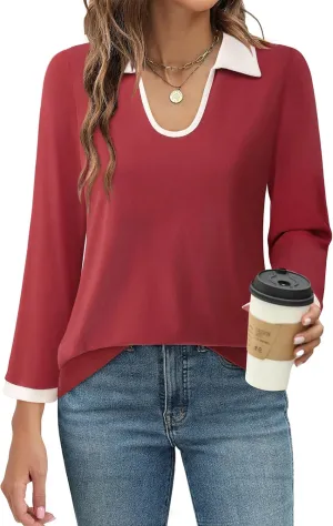 Vivilli Women's 3/4 Sleeve Polo Shirts Colour Block Blouse 2024 Fall Business Casual Tops