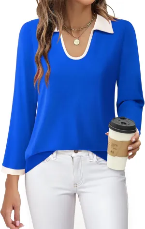 Vivilli Women's 3/4 Sleeve Polo Shirts Colour Block Blouse 2024 Fall Business Casual Tops