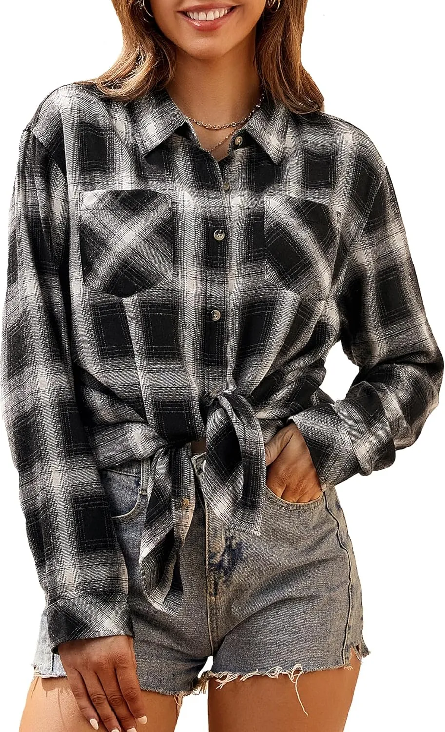 WARHORSEE Plaid Flannel Shirts for Women Long Sleeve, Loose Fit Womens Casual Flannels Button Down Shirts Blouses Tops
