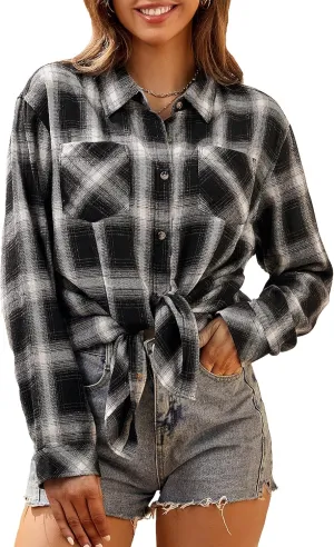 WARHORSEE Plaid Flannel Shirts for Women Long Sleeve, Loose Fit Womens Casual Flannels Button Down Shirts Blouses Tops