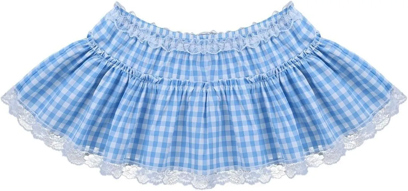 Women Blue Y2k Ruffle Gingham Mini Skirt Fairy Lace Plaid Checkered Dress Sexy Low Waist Halloween Pleated Skirt