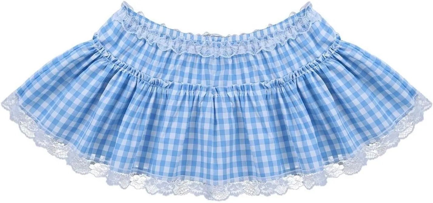 Women Blue Y2k Ruffle Gingham Mini Skirt Fairy Lace Plaid Checkered Dress Sexy Low Waist Halloween Pleated Skirt