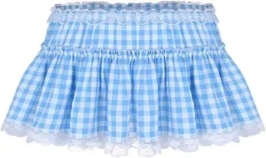 Women Blue Y2k Ruffle Gingham Mini Skirt Fairy Lace Plaid Checkered Dress Sexy Low Waist Halloween Pleated Skirt