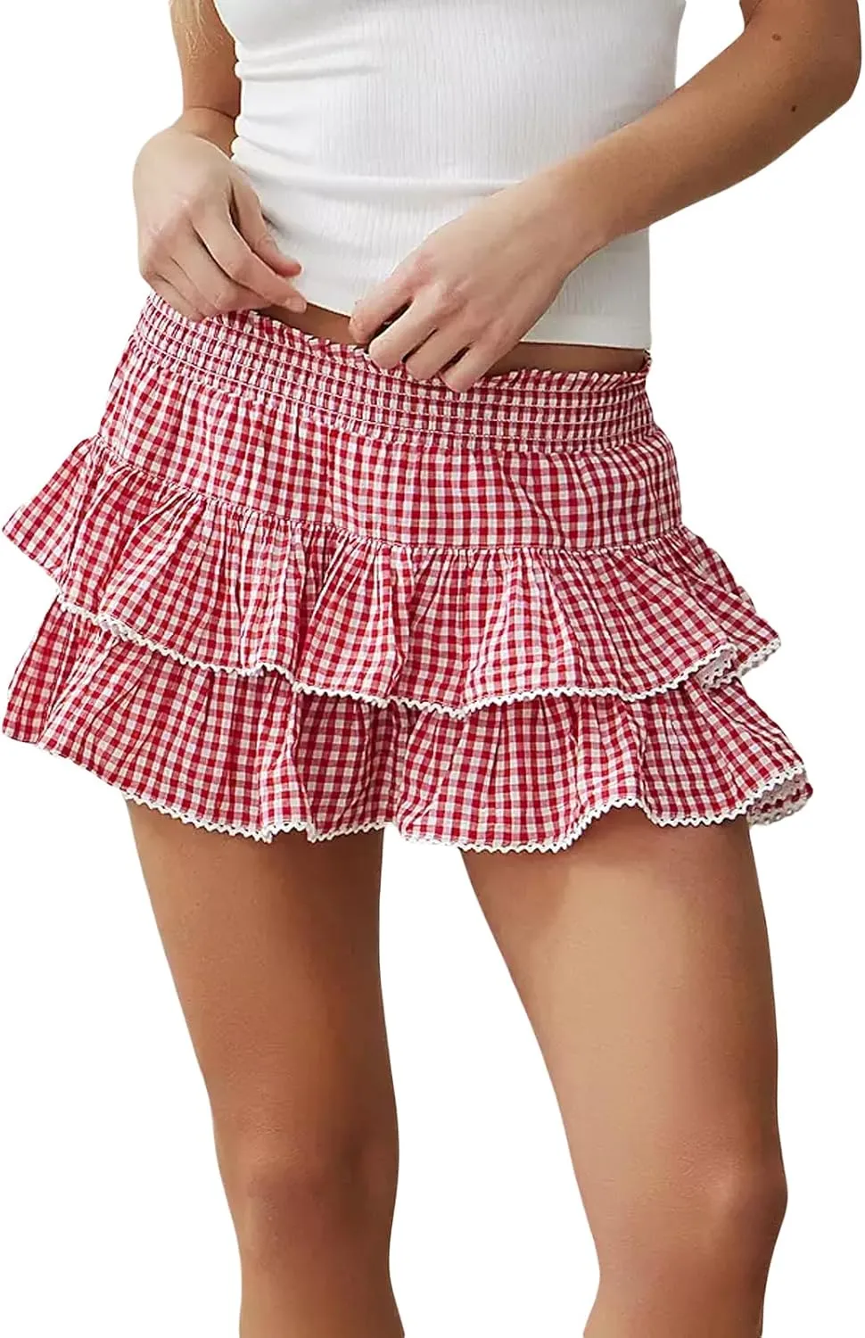 Women Blue Y2k Ruffle Gingham Mini Skirt Fairy Lace Plaid Checkered Dress Sexy Low Waist Halloween Pleated Skirt