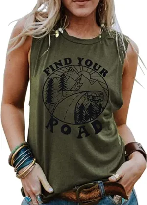 Women Find Your Road T-Shirt Cute Sayings Graphic Short Sleeve Tees Casual Round Neck Athletic Tops