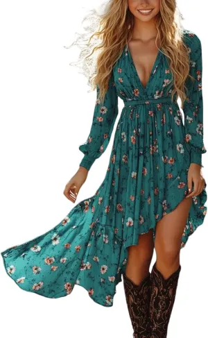 Women's Bohemian High-Low Hem A-Line Dress V-Neck Midi Dress Formal Long Sleeve Outfits Summer Wedding Guest Dresses