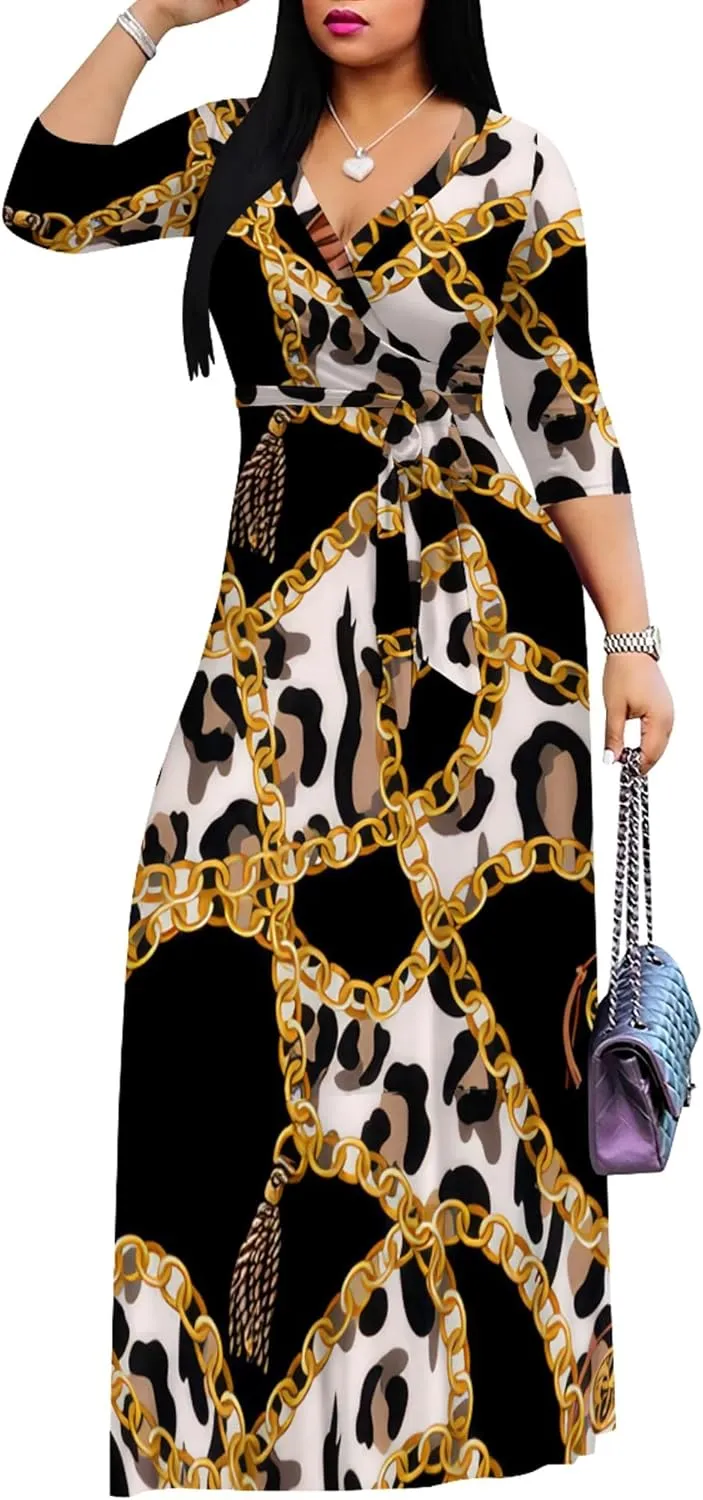 Women's Print Maxi Dresses 3/4 Sleeves Flowy Long Dress V Neck Wrap Tie Waist Sundress