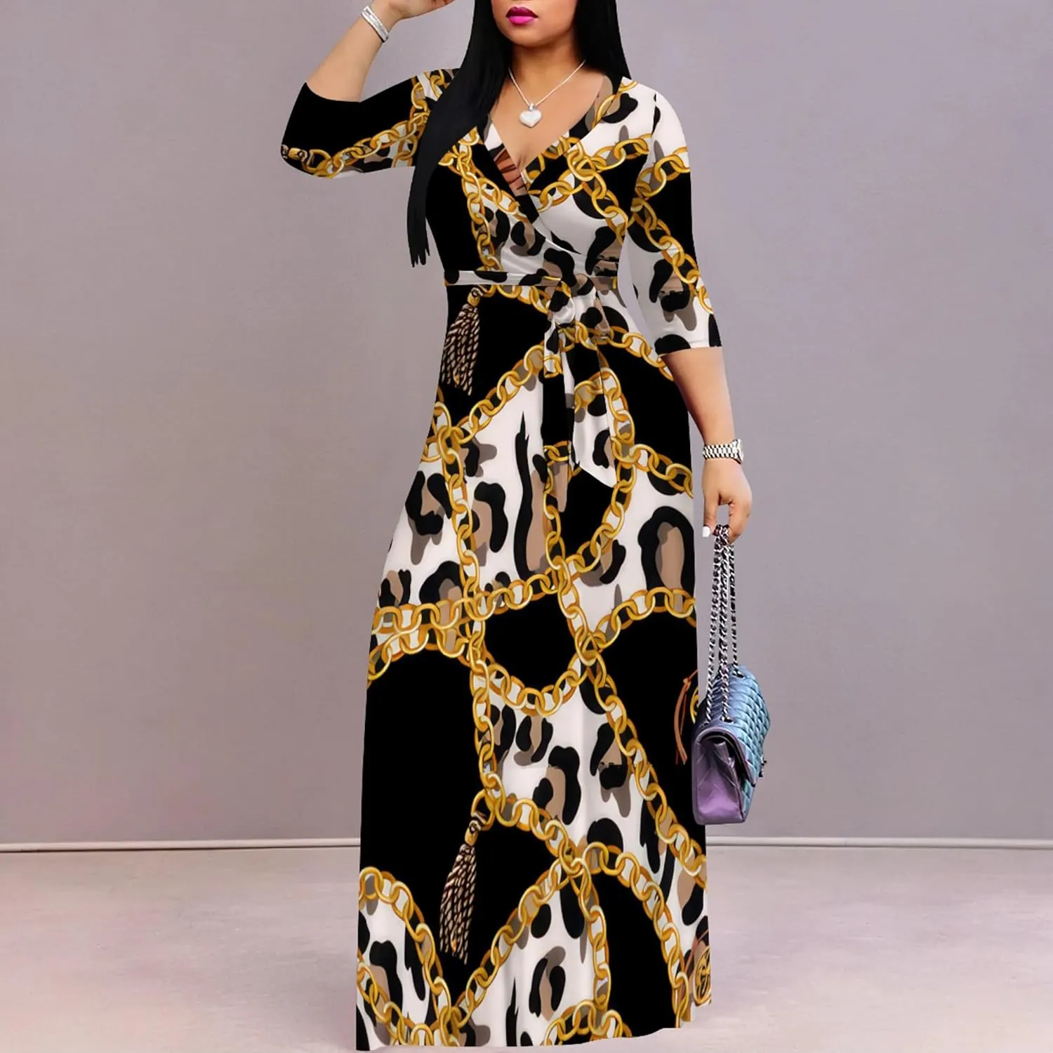 Women's Print Maxi Dresses 3/4 Sleeves Flowy Long Dress V Neck Wrap Tie Waist Sundress