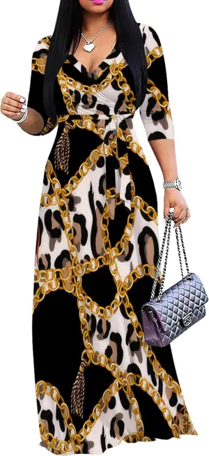 Women's Print Maxi Dresses 3/4 Sleeves Flowy Long Dress V Neck Wrap Tie Waist Sundress