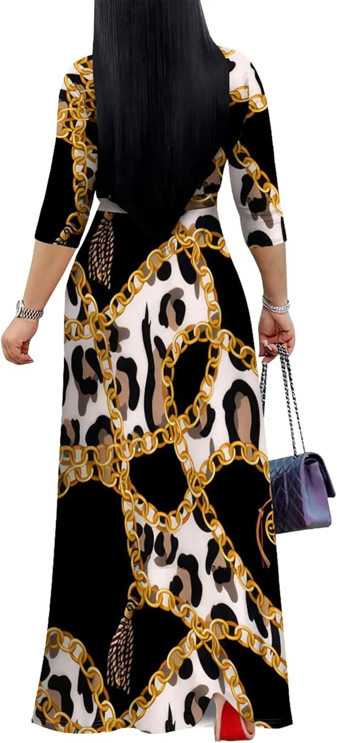 Women's Print Maxi Dresses 3/4 Sleeves Flowy Long Dress V Neck Wrap Tie Waist Sundress