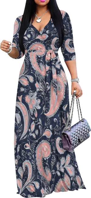 Women's Print Maxi Dresses 3/4 Sleeves Flowy Long Dress V Neck Wrap Tie Waist Sundress