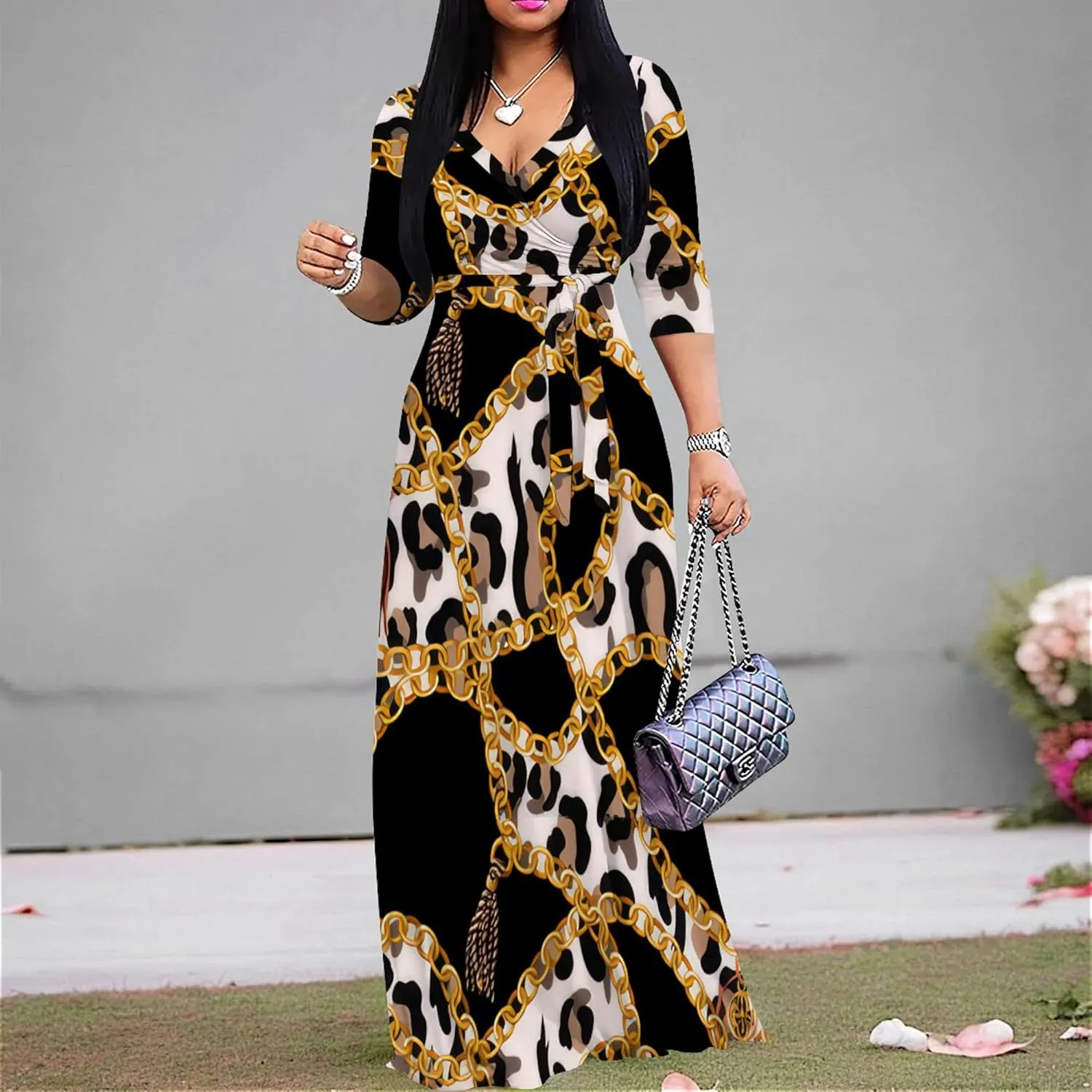 Women's Print Maxi Dresses 3/4 Sleeves Flowy Long Dress V Neck Wrap Tie Waist Sundress